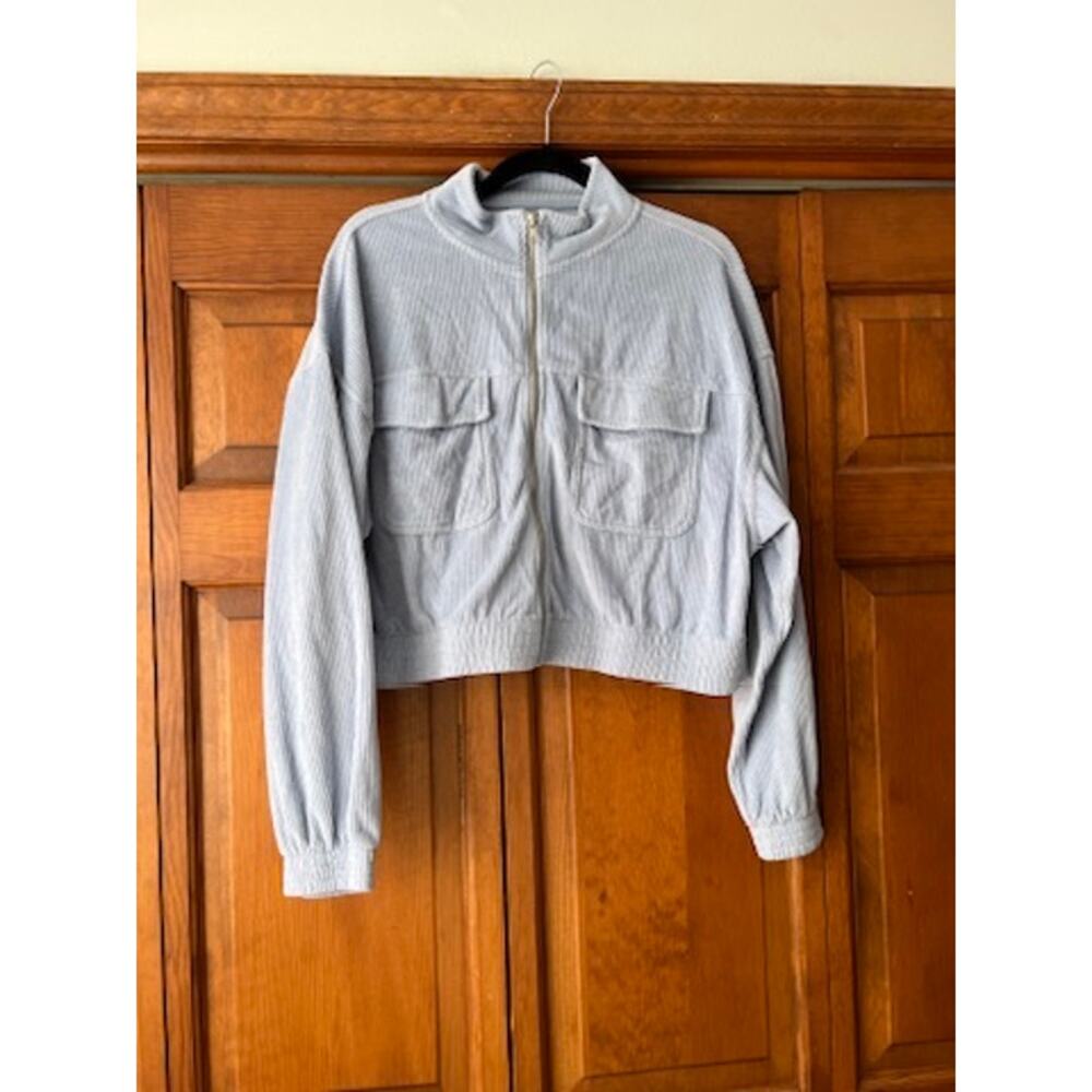 Aerie Women's Groove On Velour Corduroy Cropped Zip-Up Jacket Light Blue Size XL - Picture 2 of 11
